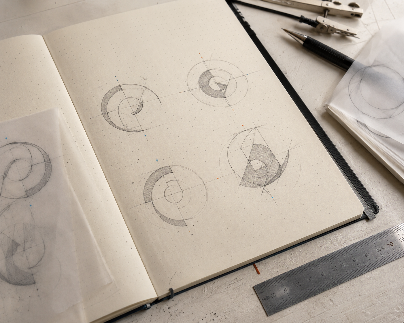 Sketchbook with geometric logo construction studies