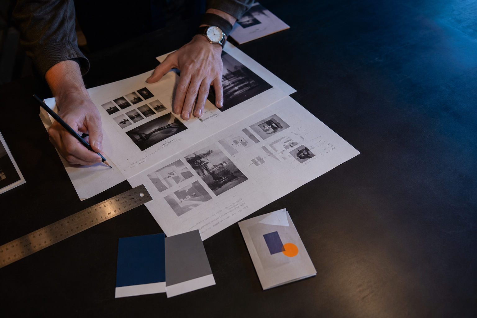 Designer consolidating a printed project brief and production references at a studio table
