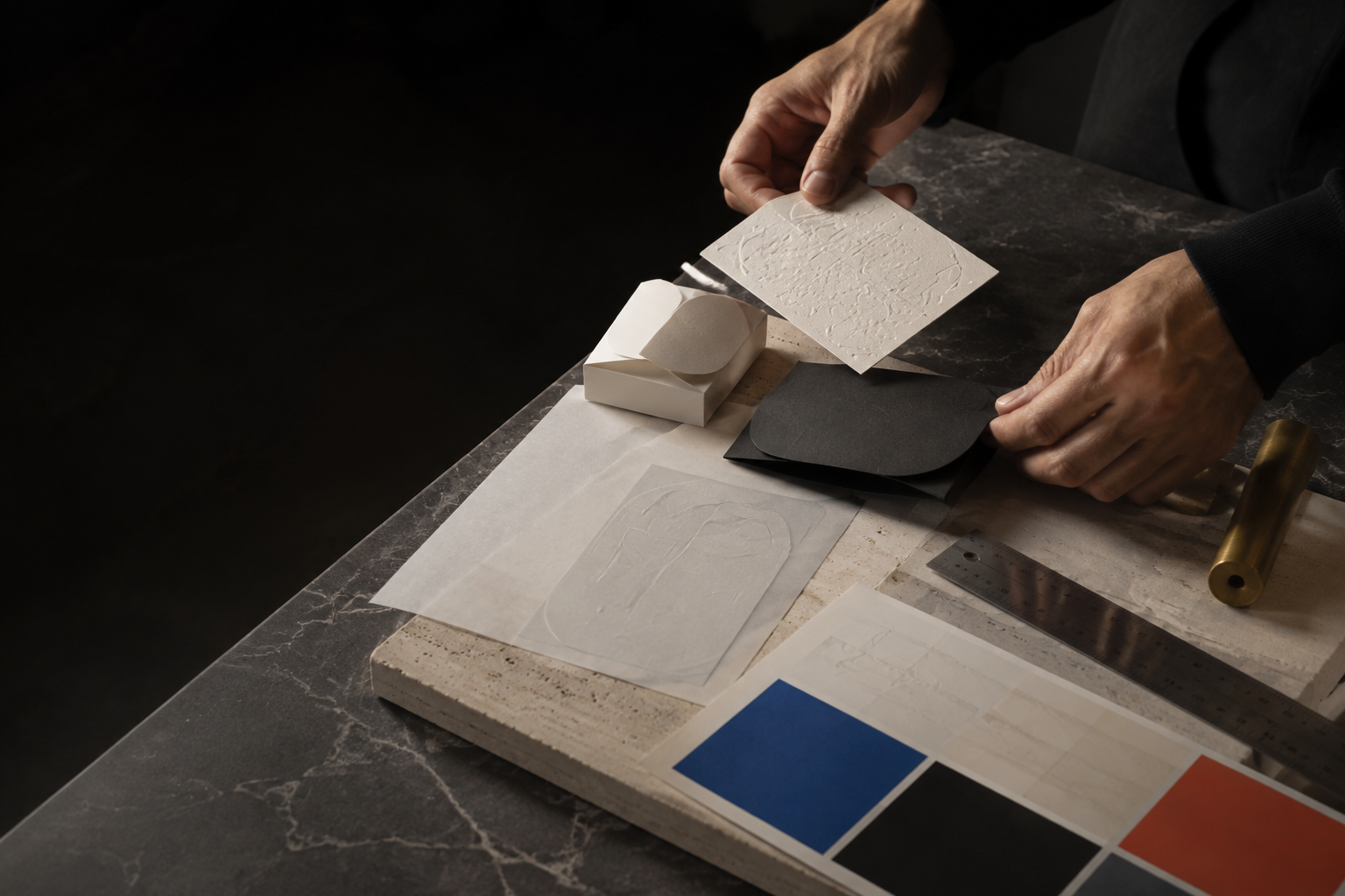 Hands comparing tactile packaging and embossed paper samples on a stone work surface