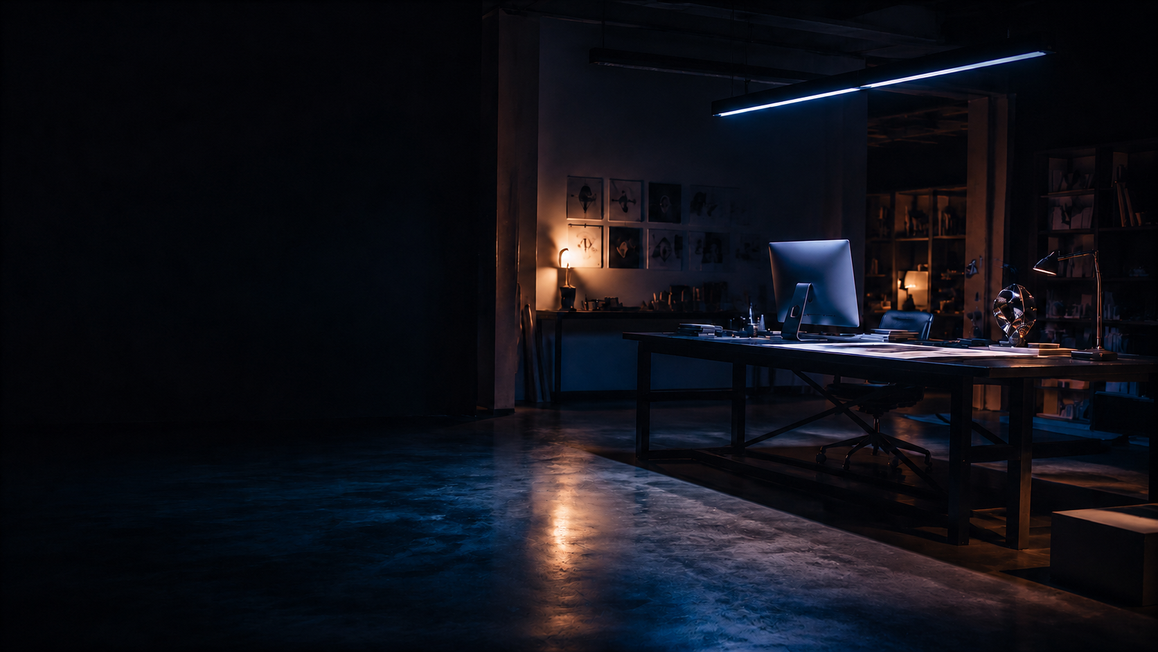 Design studio at night with a worktable, print proofs, and controlled light