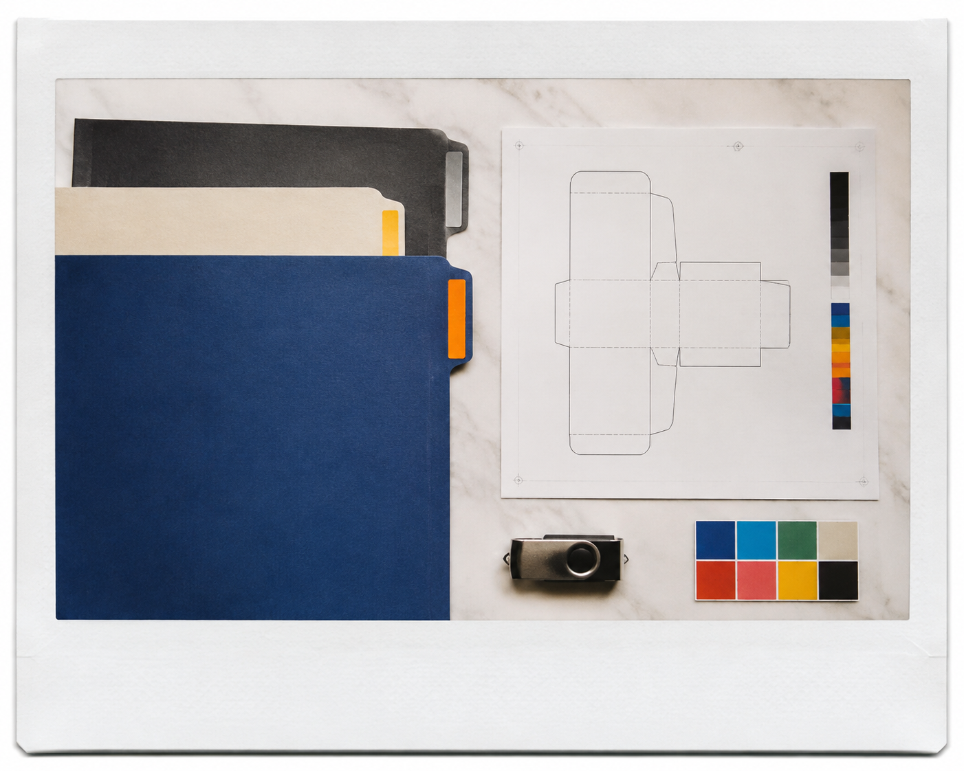 Organized folders and final packaging dieline prepared for handoff