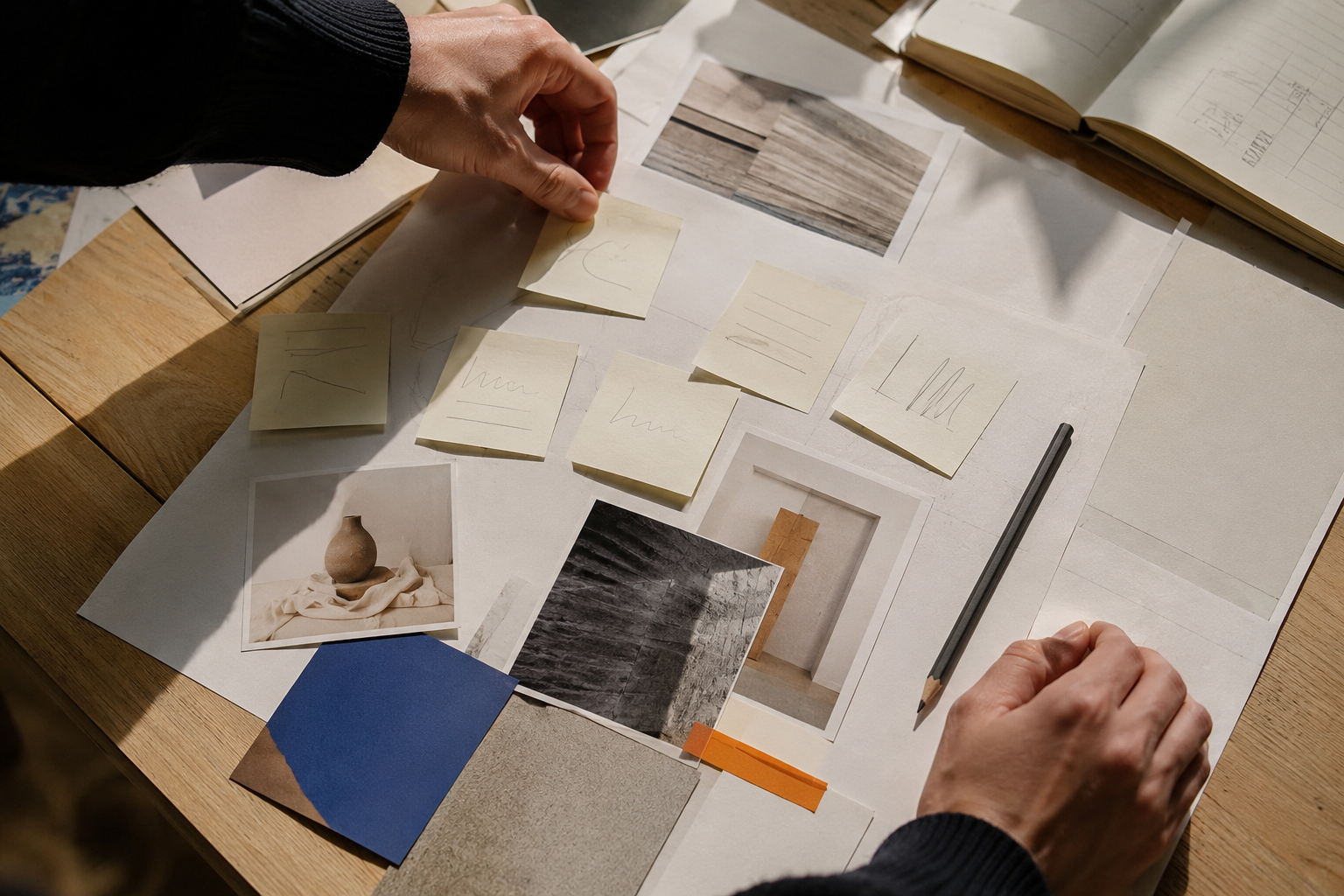 Hands organizing references and notes during a discovery session