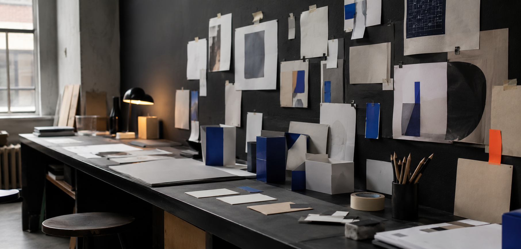 Design studio wall with pinned print proofs and physical packaging studies