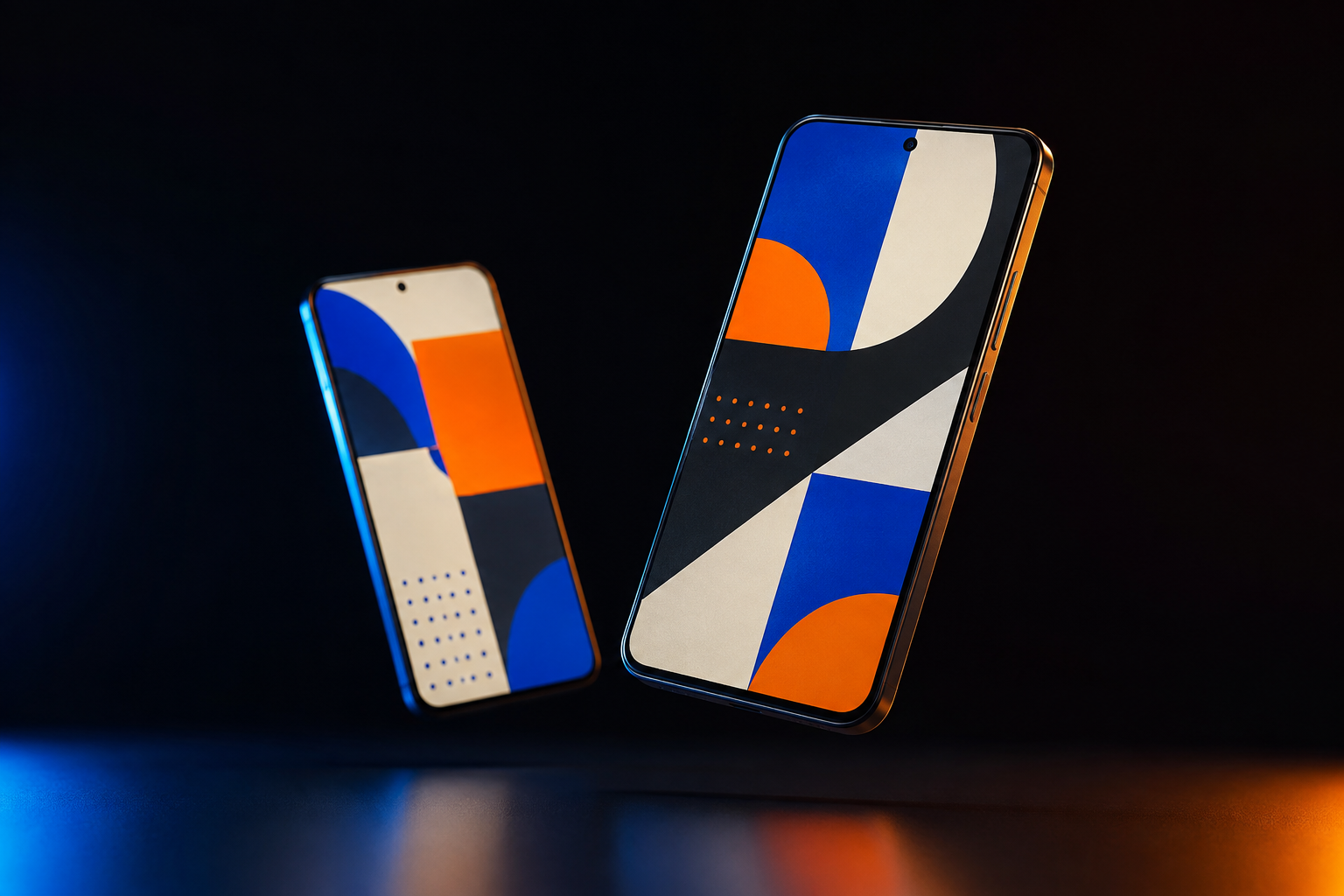 Two smartphones displaying bold abstract social layouts in a dark studio